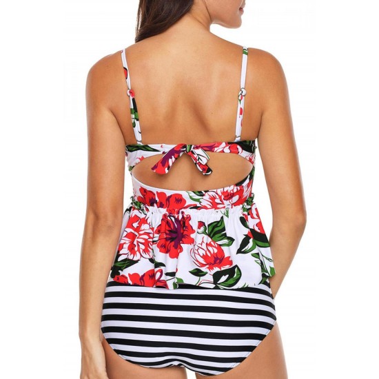 Tankini Dames 2-Delig - Bloemenprint En Ruches Wit - Thilda - Maat XXXXXL/5XL