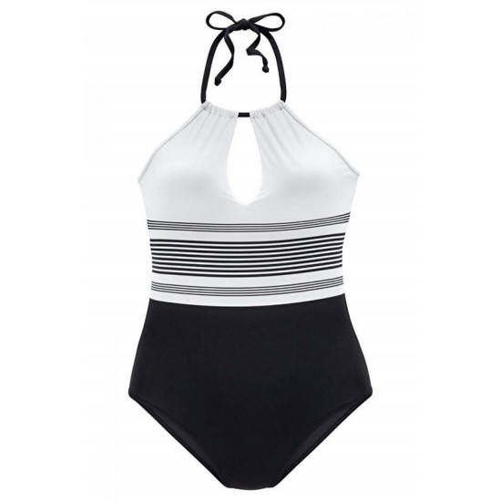 Halter Badpak Dames - Zwart Wit Gestreept - Bailey - Maat XXL/2XL