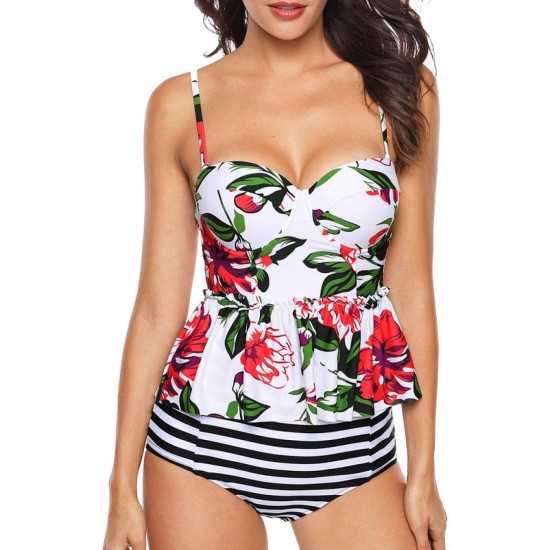 Tankini Dames 2-Delig - Bloemenprint En Ruches Wit - Thilda - Maat XXXXXL/5XL